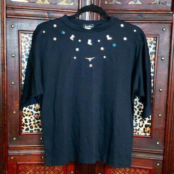 JeanKris Vintage Black Top with Silver and Turquoise Western Charms Blouse - Picture 1 of 5